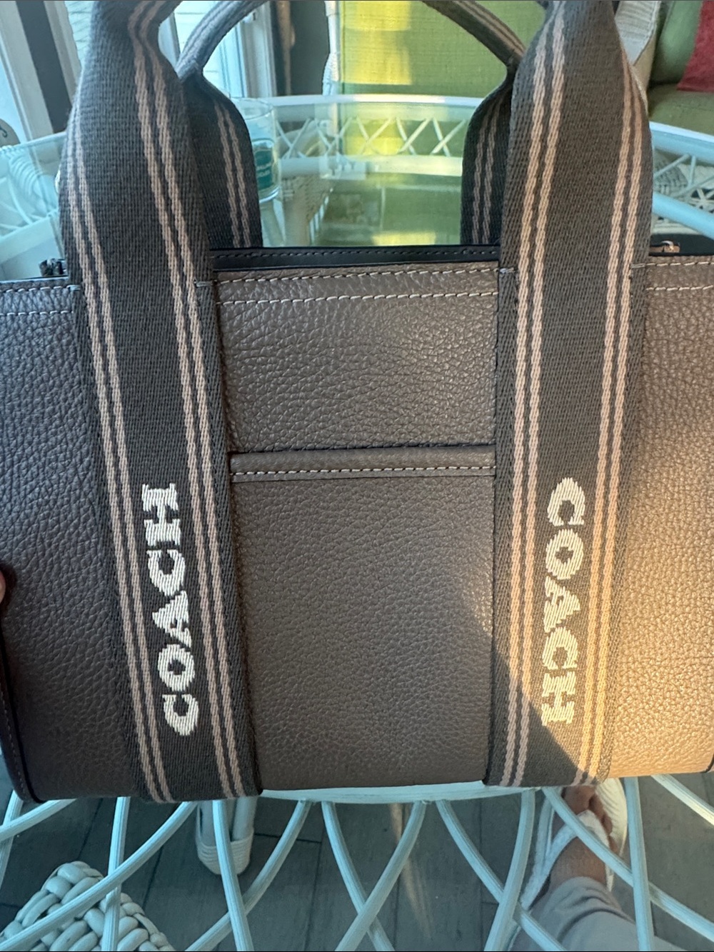 Coach Pebbled Leather Tote with Branded Gray Straps